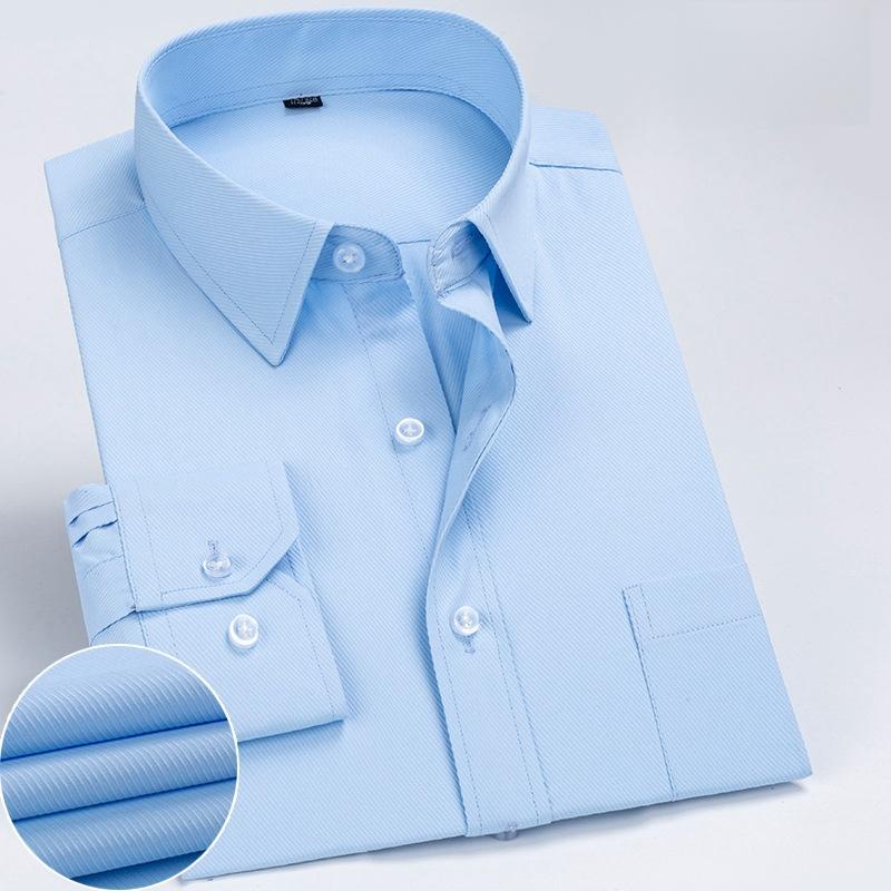 New Men Formal Shirt Long Sleeve Office Solid Color Striped Anti-Wrinkle Fashion Business Pocket White Social Pocket Shirt S-7XL