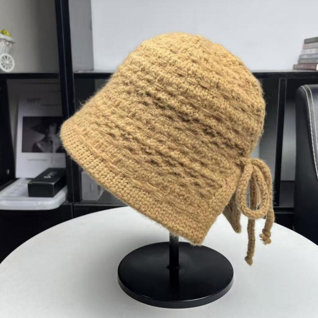 Back split bow shows small face Korean knitted bucket hat basin hat women's autumn and winter sweet warm ear protection bucket hat