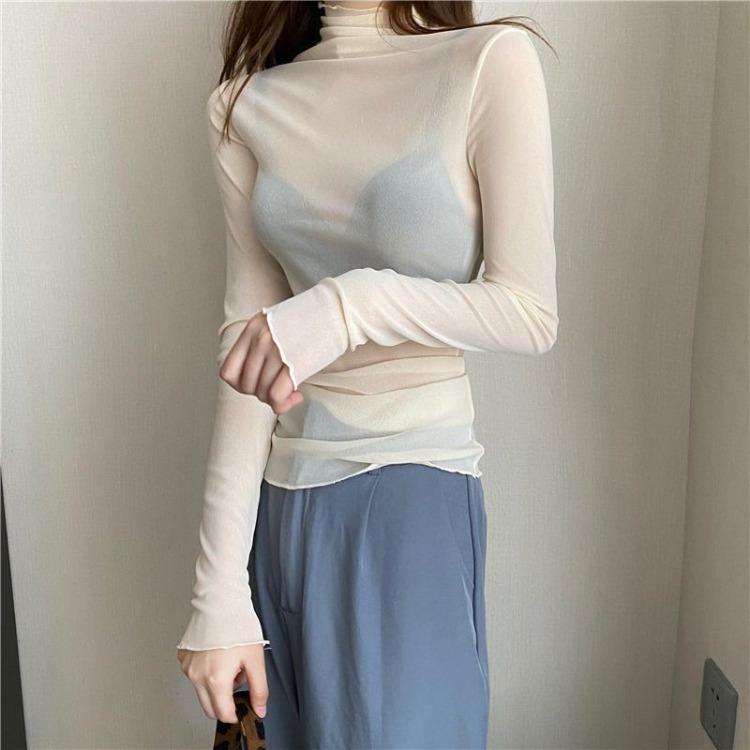 Plus-size Women’s High-neck Sun-protective Mesh Undershirt Sexy Sheer Long-sleeved T-shirt for Spring and Autumn