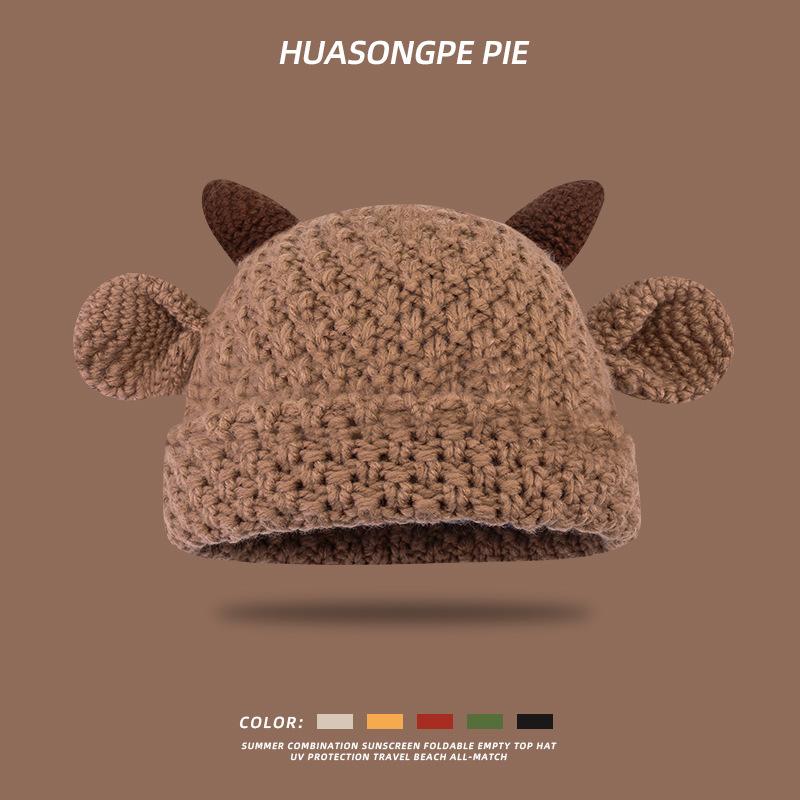 

Versatile horn ears wool hat women s hand-woven Korean version of sweet and cute headhat tide M（56-58cm）