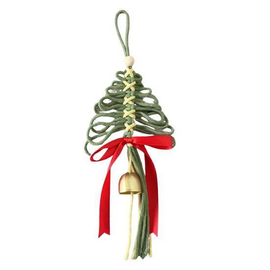 Hand-Woven Christmas Tree Ornaments Rustic Xmas Tree Shaped Handicrafts with Golden Cow Bell And Red Bow for Winter New Year Party Decorations