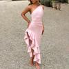 Satin Ruffled One-shoulder High Slit Dress Halter Long Skirt