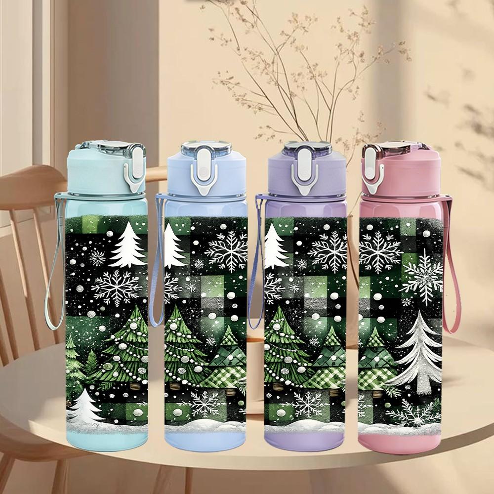 1PC Snowy Pine Tree Winter Forest Art 750ml Color Plastic Sports Water Bottle Leakproof Flip Straw Lid Suitable for Sports Office Home Use