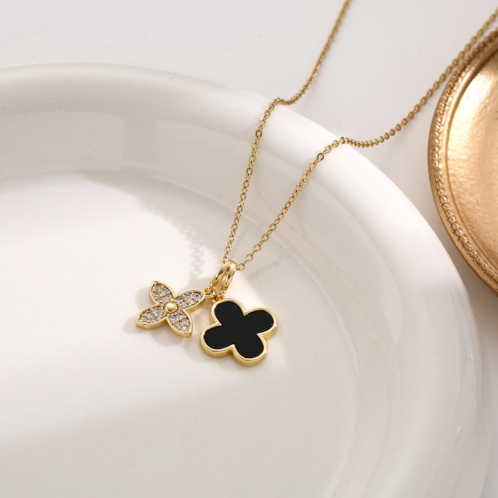 Titanium Steel Necklace, Women's Micro Inlaid with Zirconium, Black and White Mother of Pearl, Double-layer Clover High-end Jewelry