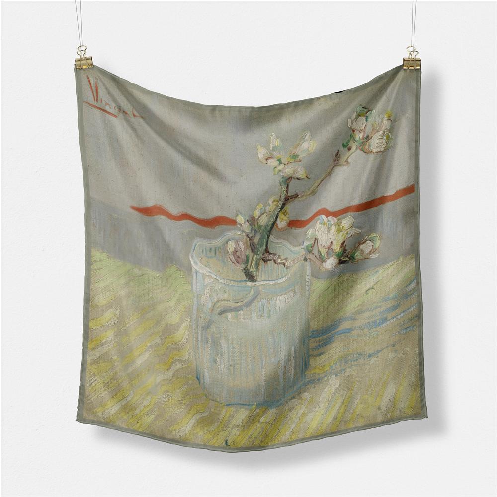 POBING Twill Silk Scarf Women Oil Painting Square Scarves Wraps Bandana Small Hijab Lady Foulards Tie Headband Neckerchief 53CM