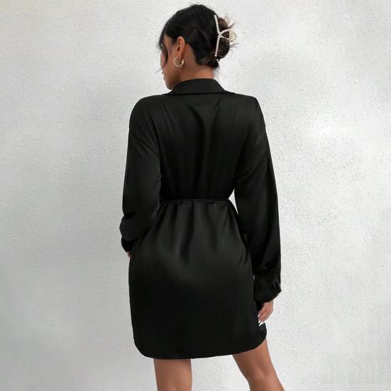 Women's Satin Shirt Dress V Neck Long Sleeve Wrap Dress Casual Tie Waist Mini Dress Party Club Short Dress