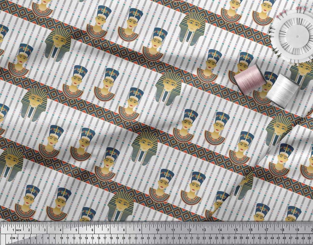 Soimoi Japan Crepe Satin Fabric Stripe & Egyptian Women Print Sewing Fabric Metre 42 Inch