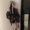 Vintage plaid polo collar shirt jacket women's spring and autumn Korean version loose shirt chic top
