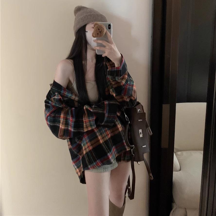 Vintage plaid polo collar shirt jacket women's spring and autumn Korean version loose shirt chic top