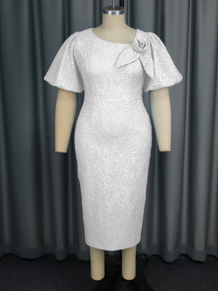 AOMEI Elegant Women Dresses for Evening Party Mid Calf O Neck Short Puff Sleeves Empire 3D Flower Bodycon Jacquard Outfits