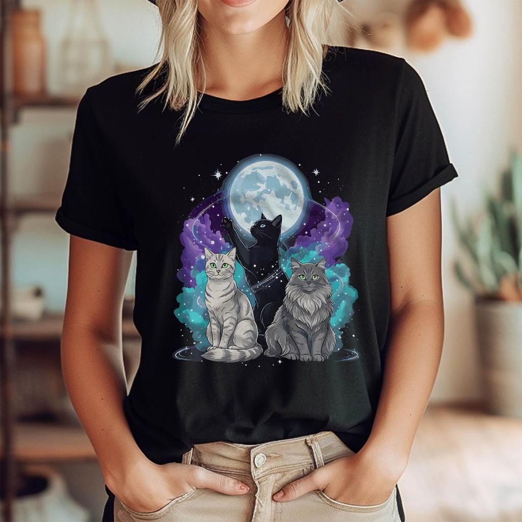 Three Moon Funny Cat Shirt Space Galaxy Cats Graphic T-Shirt