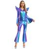 S-3XL Women‘s Disco Jumpsuit Halloween Costume: Shiny Metallic Long Sleeve High Waist Romper with Bell Bottoms & Front Zip