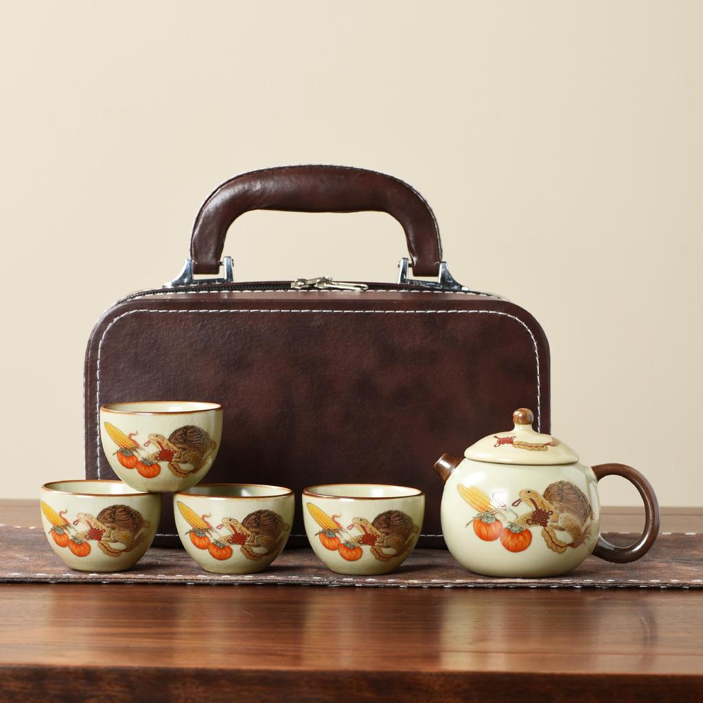 Ru Kiln Travel Tea Set One Pot Four Cups With Gift Box Outdoor Portable Tea Pot Ceramic Business Gifts
