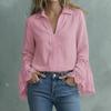 Women's V Neck Lace Sleeve Blouse Ruffle Cuff Loose Fit Shirt