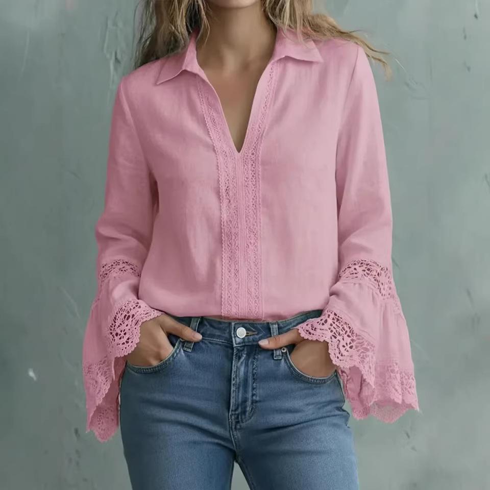 Women's V Neck Lace Sleeve Blouse Ruffle Cuff Loose Fit Shirt