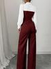 Completo 2 pezzi stile europeo da donna 2026: camicia a V con patchwork in vita e pantaloni