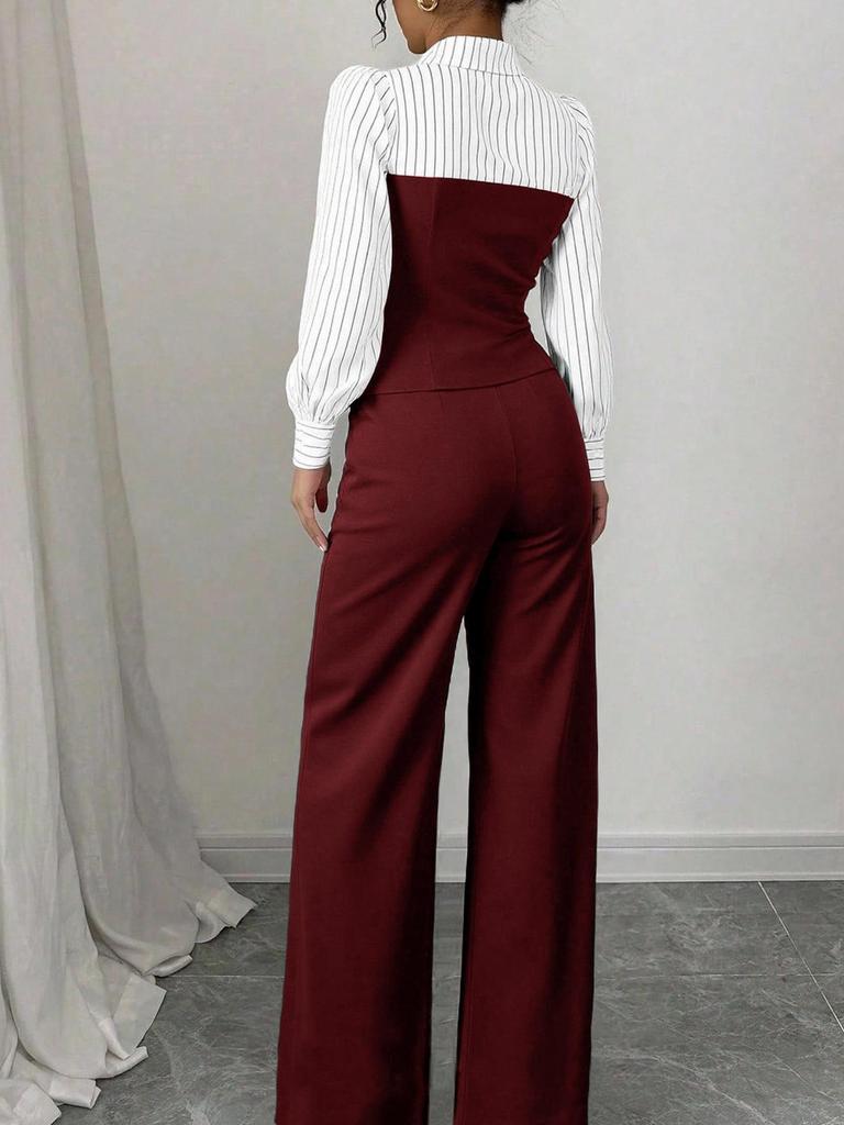 Completo 2 pezzi stile europeo da donna 2026: camicia a V con patchwork in vita e pantaloni