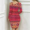 Women Plus Size Asymmetric Cold Shoulder Colorful African Tribal Geometric Print Wrap Bodycon Midi Dress