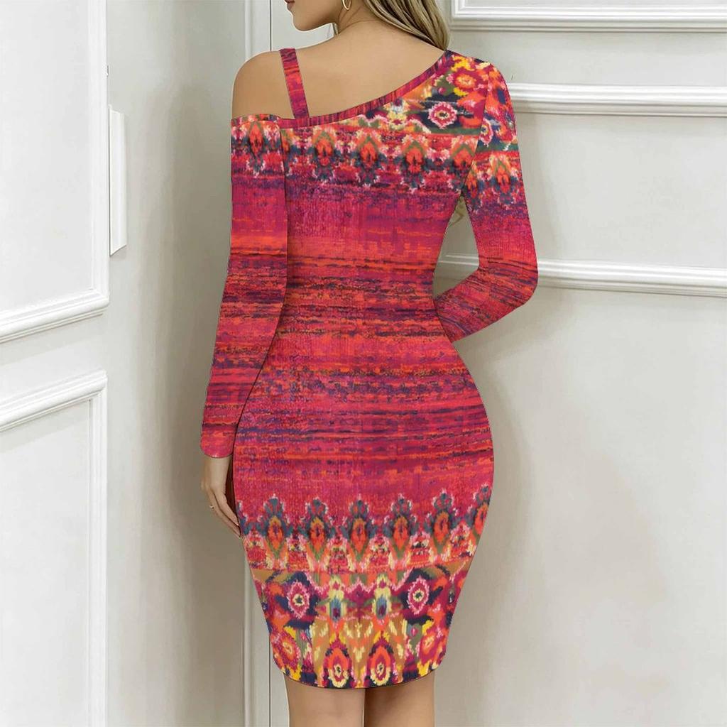 Women Plus Size Asymmetric Cold Shoulder Colorful African Tribal Geometric Print Wrap Bodycon Midi Dress