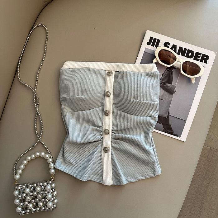 Off-the-Shoulder Dongdaemun Bandeau: Spring/Summer Color-Block Tank with Buttons - Chic Korean Style, Pure Desire.
