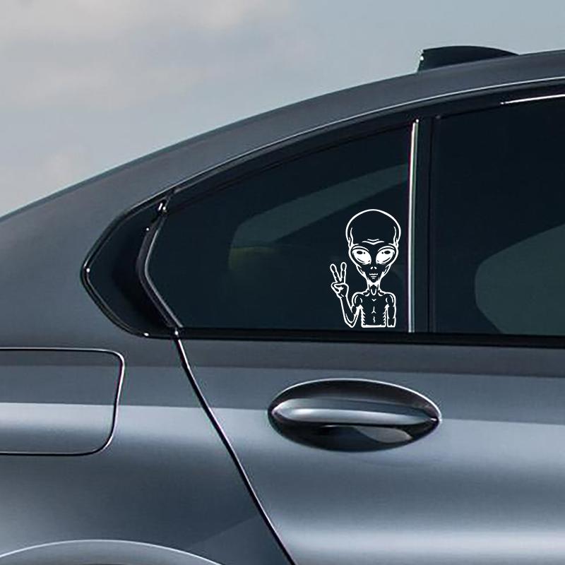 G181 Car Stickers 9.2X15.4CM Vinyl Decal UFO Cartoon Alien Peace Sign Interesting Car Decorative Black / Silver/Laser