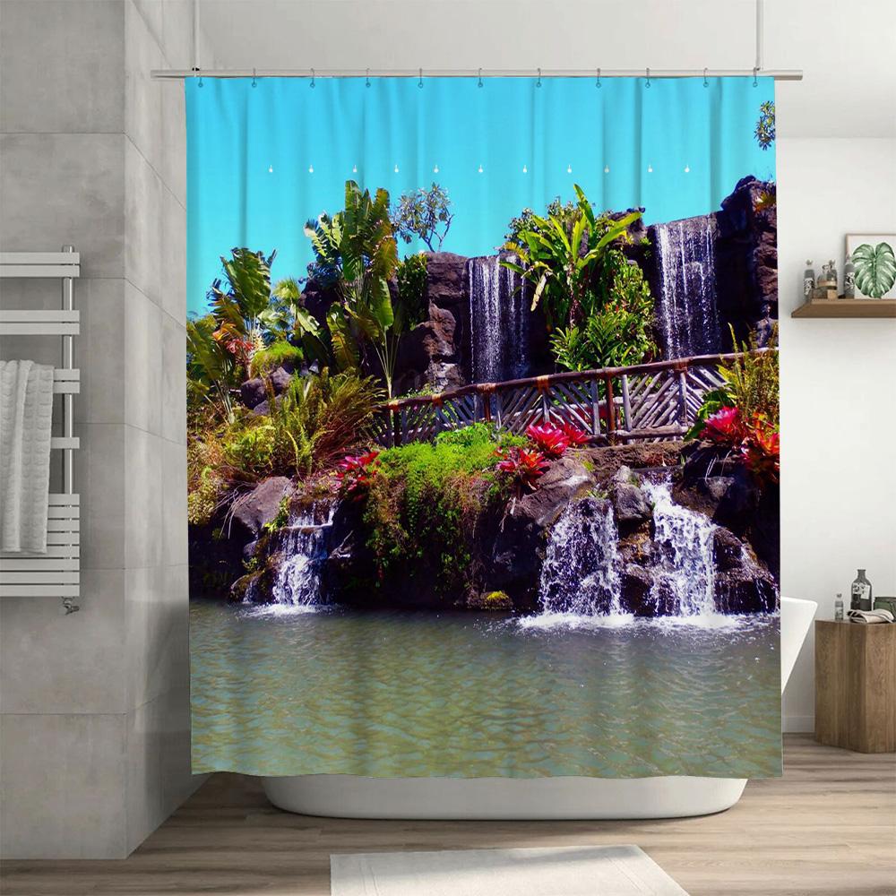 Bathroom Decor Waterproof Shower Curtain Tropical Waterfall Design for Bathtub Coverings White Color Polyester Fabric (200 x 180