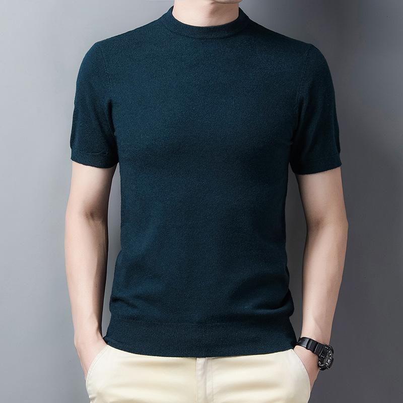 Jarní pánský svetr s krátkým rukávem, žebrovaný spodní lem, ležérní, pro mládež, kulatý výstřih, rovný střih, základní tričko