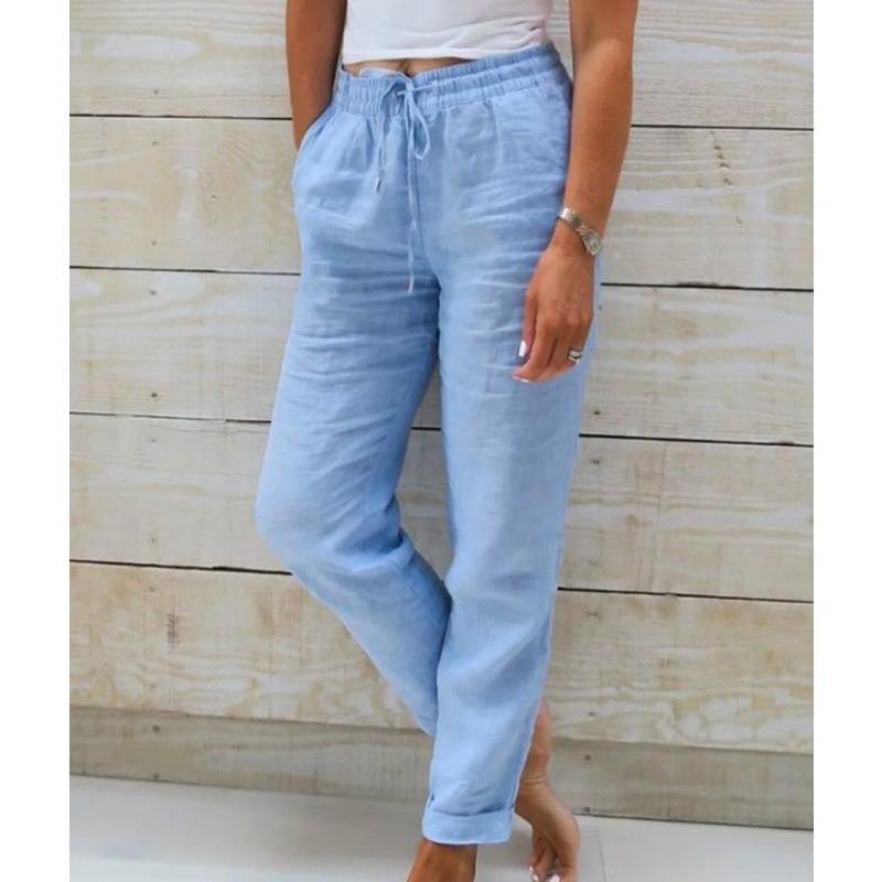 Women's Summer Elastic Waist Pocket Wide Leg Trousers Nine Points Pants