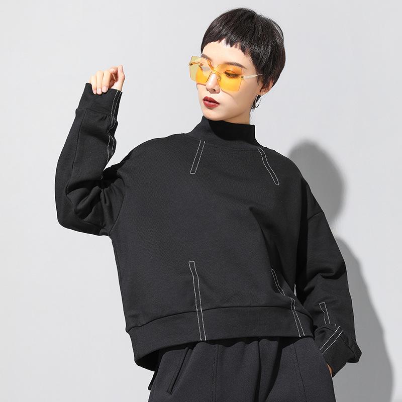 

Европейский и американский стиль футболка с длинным рукавом и круглым вырезом с декоративной строчкой для женщин XL (130-145 jin) чёрный