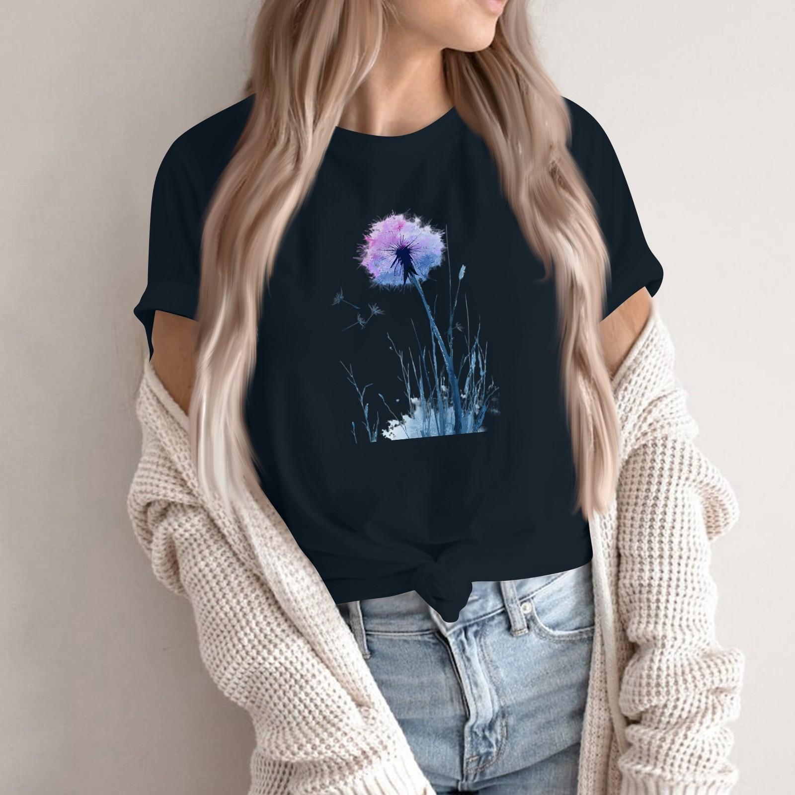 

Women s Fashion Casual Printed Round Neck Short Sleeved Pullover T-Shirt Top S Темно-синій