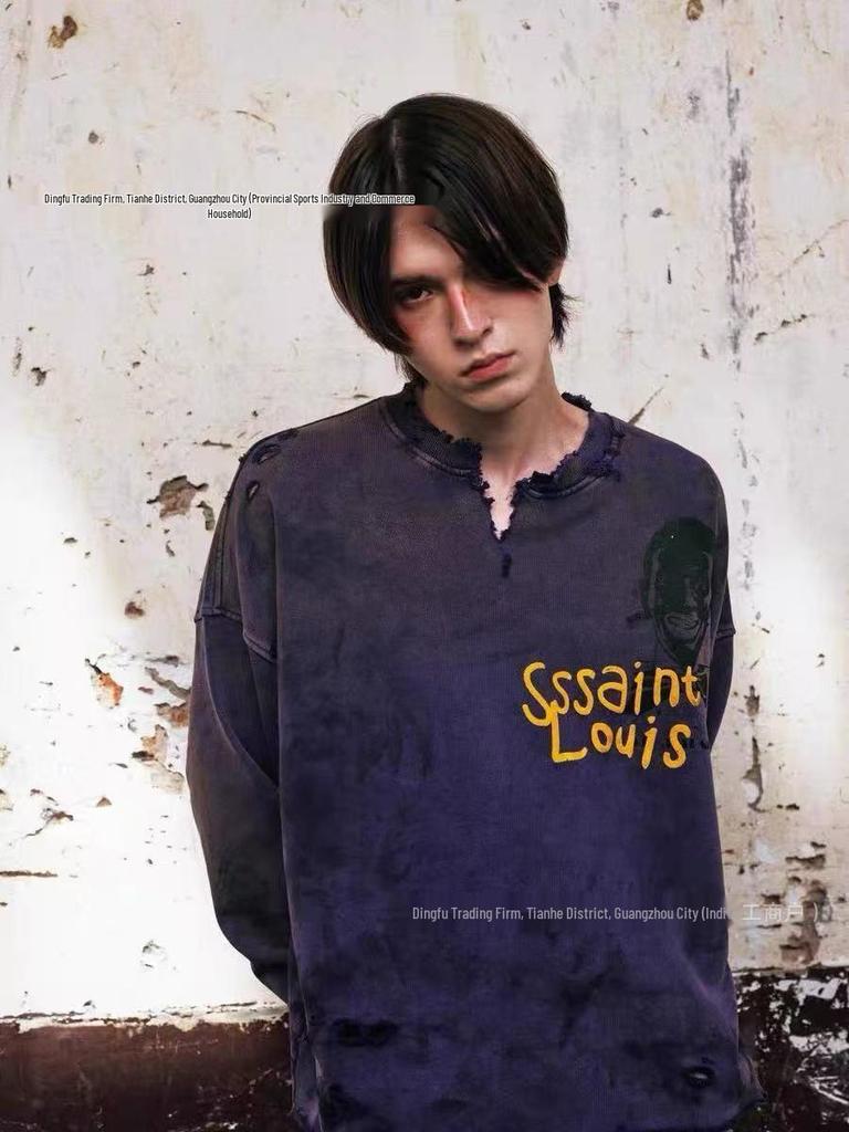 SAINT LOUIS Schweres Unisex-Sweatshirt - Ausgerissener Kragen, Gewaschen & Used-Look, 710g