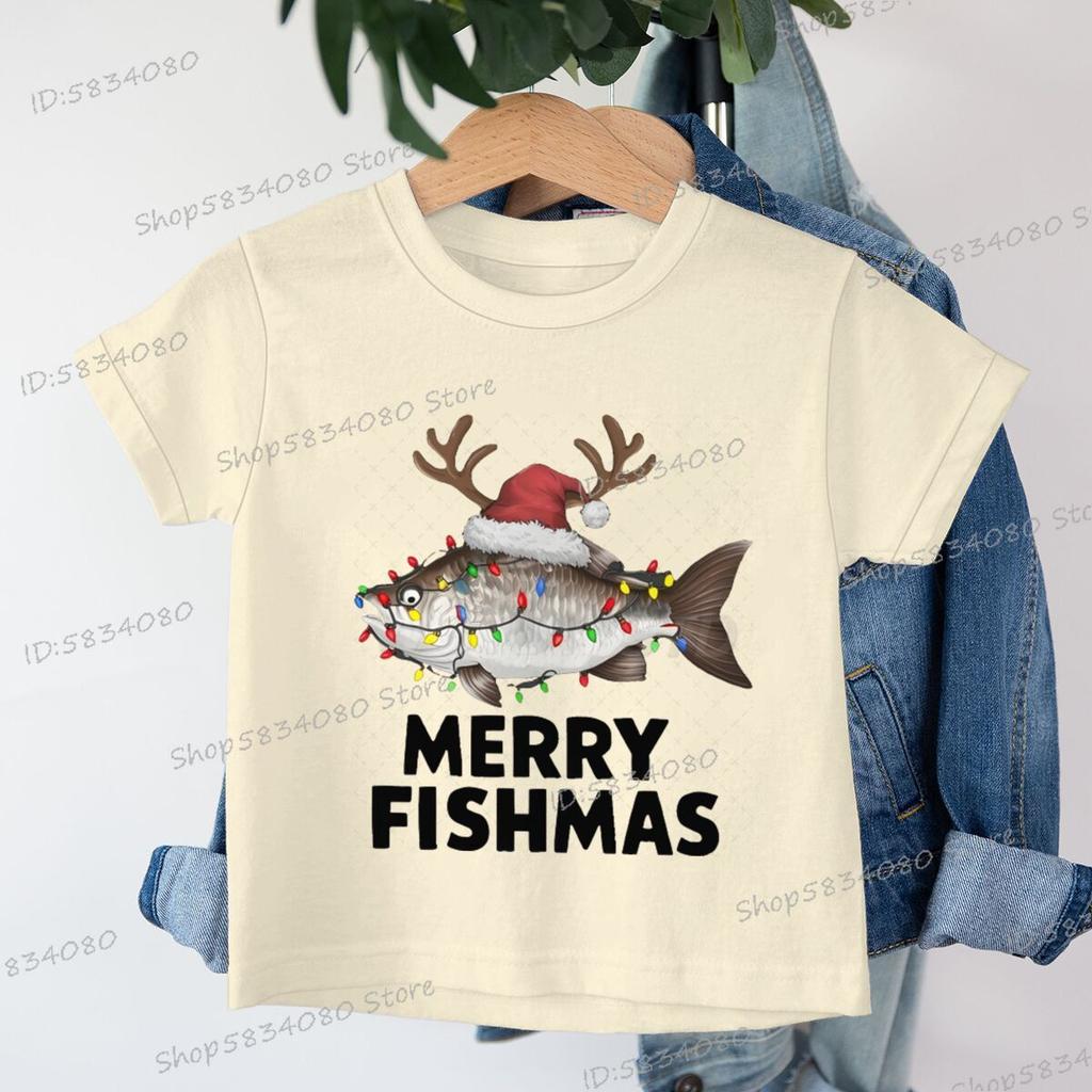 Merry Fishmas Print Christmas T-shirts Short Sleeve Boys Girls Fashion Christmas Clothes Cartoon Hip Hop Wild Xmas Tees