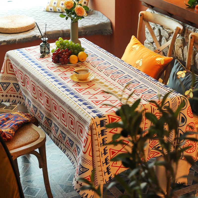 Vintage Boho Tassel Table Cloth Waterproof Cotton Linen Bohemian Tablecloth Patio Outdoor Wrinkle Free Table Protector Covers Wedding Party Home Decor