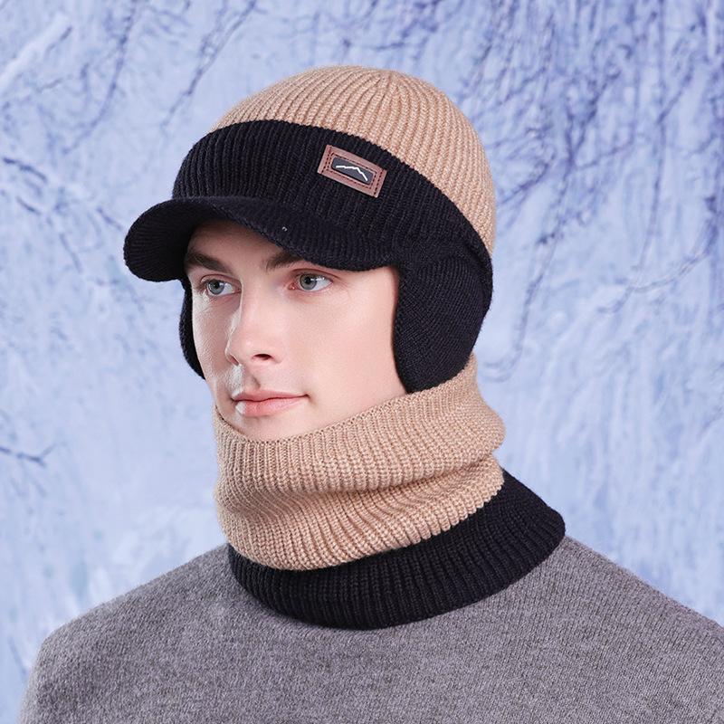 Winter hat, scarf set, outdoor velvet and cold-proof knitted wool hat, men's cycling warm ear protection pullover hat