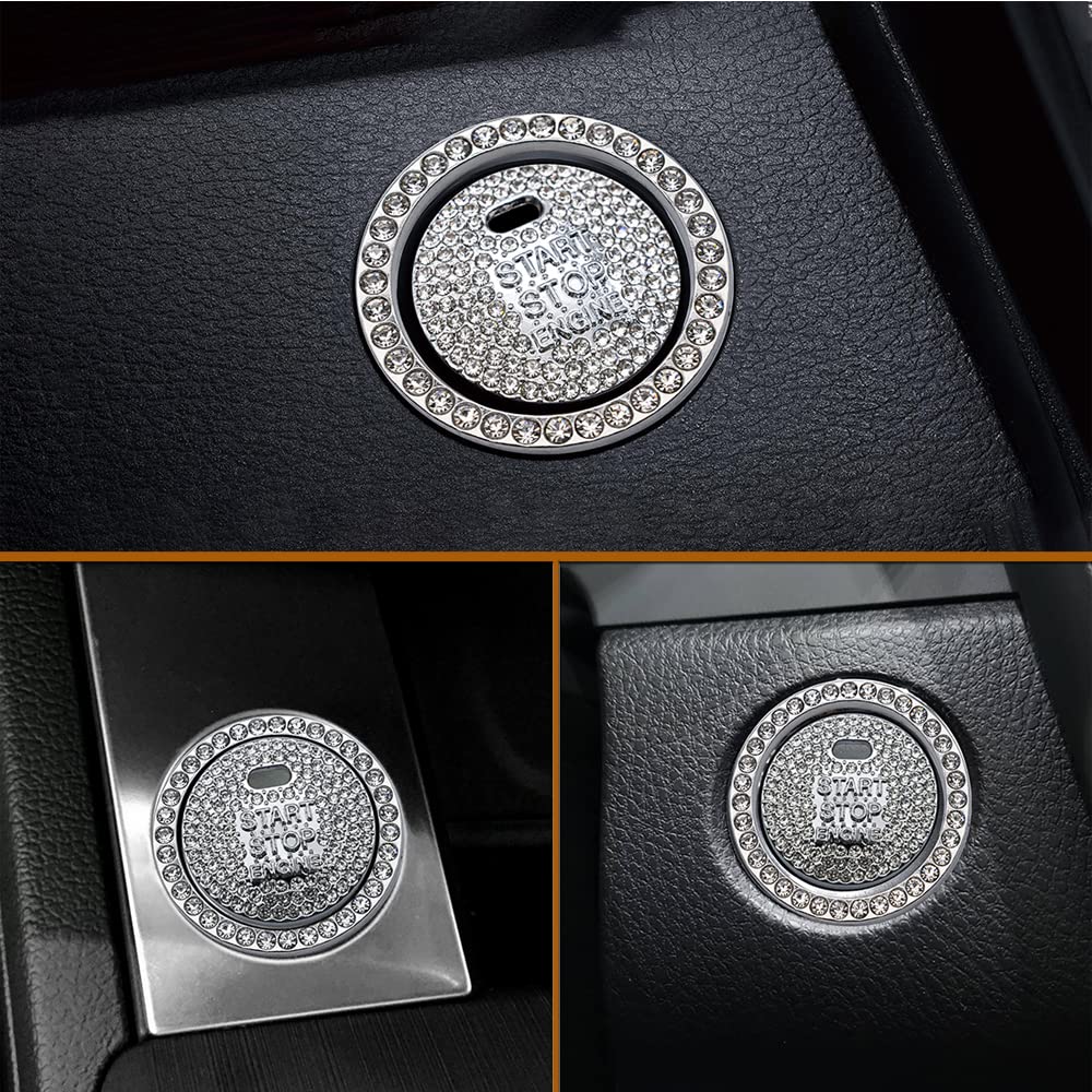Yandong Car Engine Start Button Ring Universal Rhinestone Button Cover with Double Sided Tape Car Accessories Easy Installation (Silver)