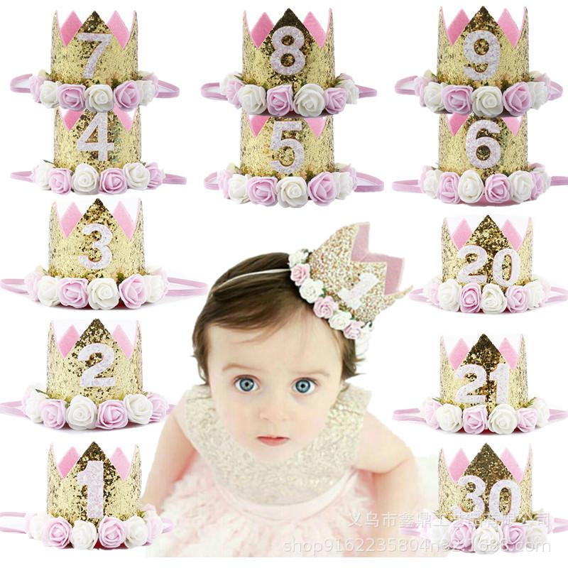 Baby s First Birthday Crown - Shiny Floral Velcro Hat 6 Years Old