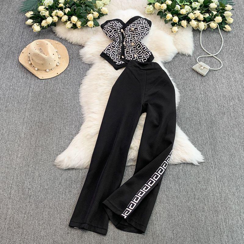 

Pure Desire Style Sexy Double Breasted V-neck Maze Plaid Slim fit Tube Top Top + High Waist Slimming Wide Leg Trousers Two-piece Set Black Two-piece set L