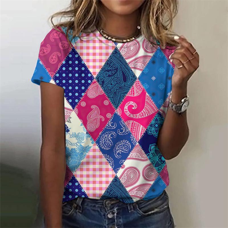 Tricou în carouri amuzant imprimat 3D pentru femei Tricouri grafice cu geometrie colorată Vară Harajuku Topuri cu gâtul O Tricouri cu mâneci scurte