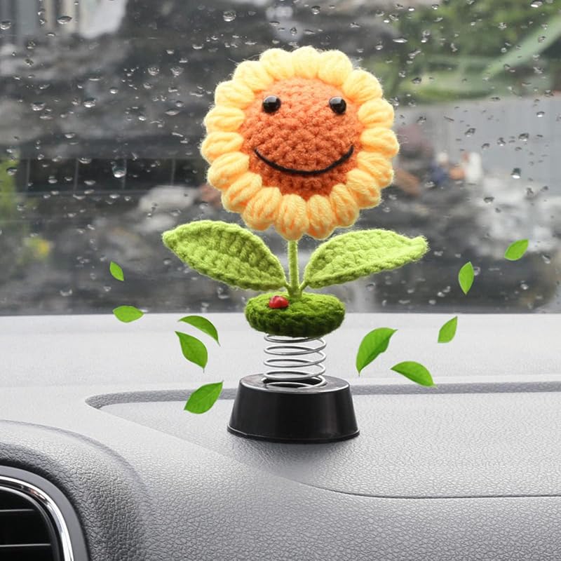 Levvohd Sunflower Car Accessories Dashboard Decorations, Crochet Smiley Shaking Sun Flowers Bobblehead Cars Decor For Women, For Cute Girl Interior