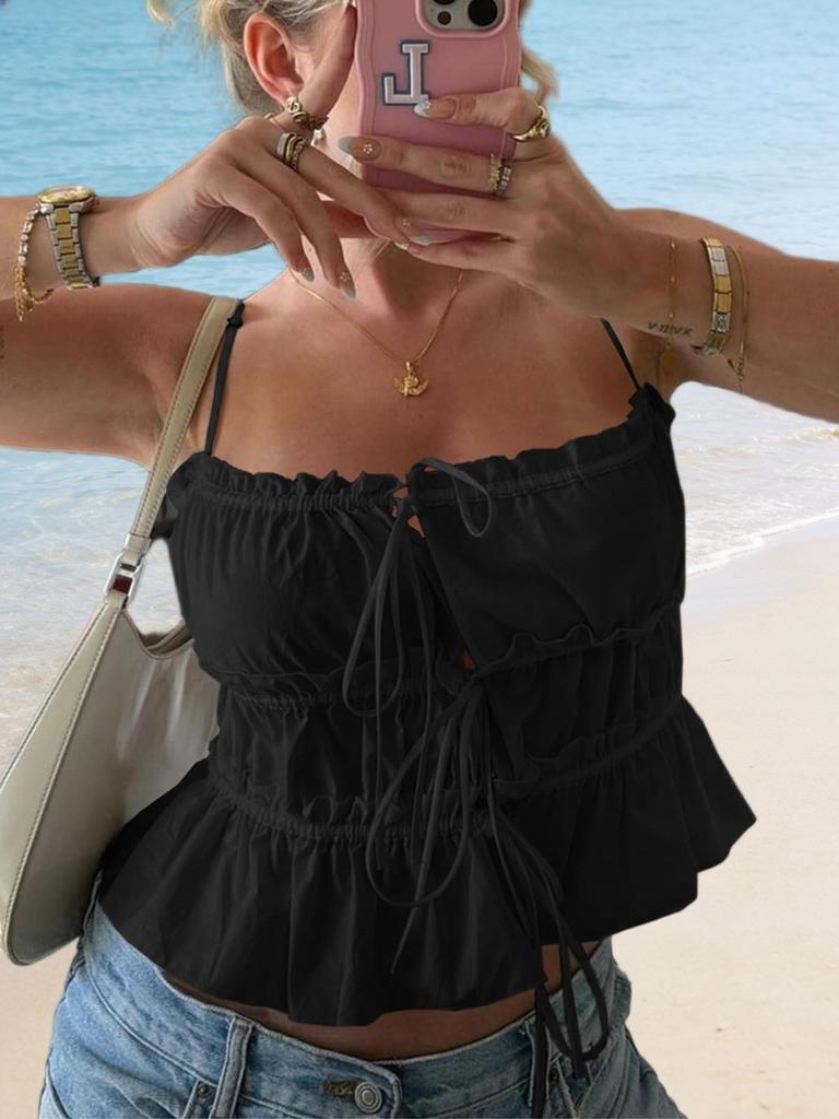 Womens Tie Front Crop Cami Top Ruffle Spaghetti Strap Y2K Summer Shirt
