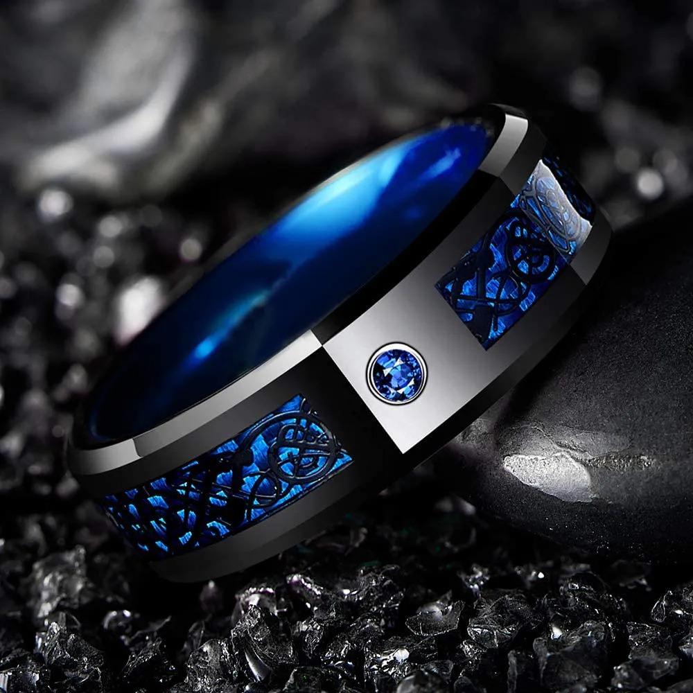 Fashion 8mm Celtic Men Stainless Steel Ring Inlaid Red Blue Zircon Stone Dragon Rings For Men, Carbon Fibre Rings Wedding Band