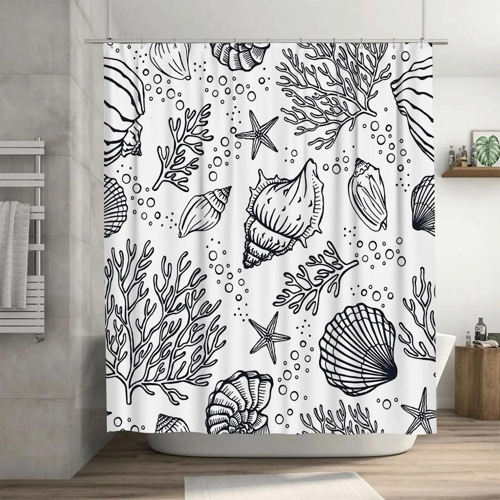 Ocean Life Print Shower Curtain Nautical Bath Decor with Seashells Coral Black White Pattern Bathroom Liner
