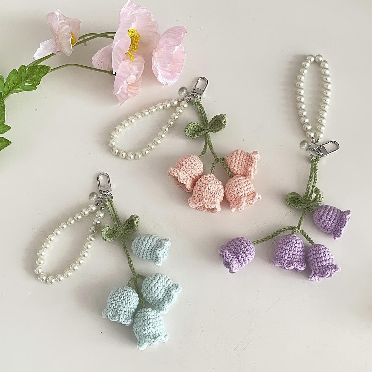 

1pc Handmade Crochet Lily of The Valley Keychain with Pearl Chain – Boho Style Bag Charm, Decorative Pendant for Backpacks or Bags рожевий