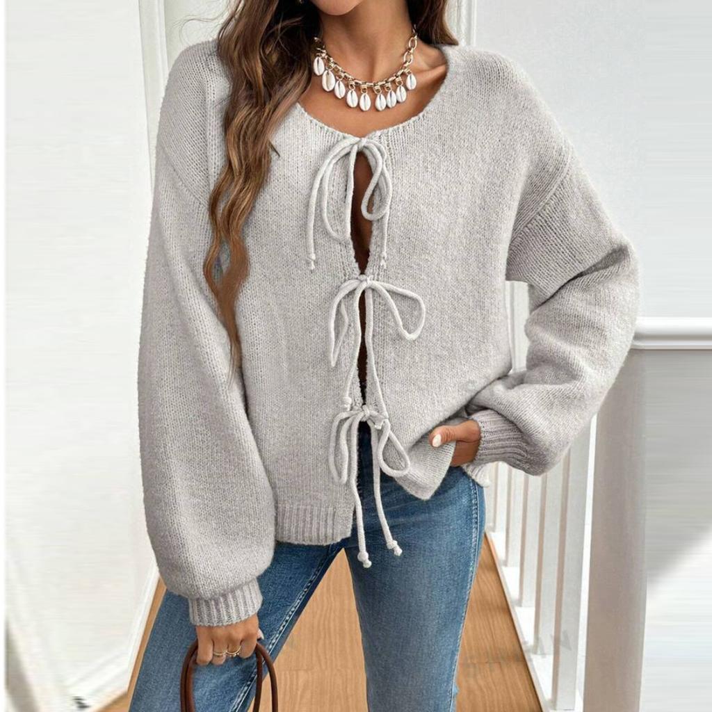 Women‘s Round Neck Long Sleeve Lace-Up Fitted Cardigan Coat