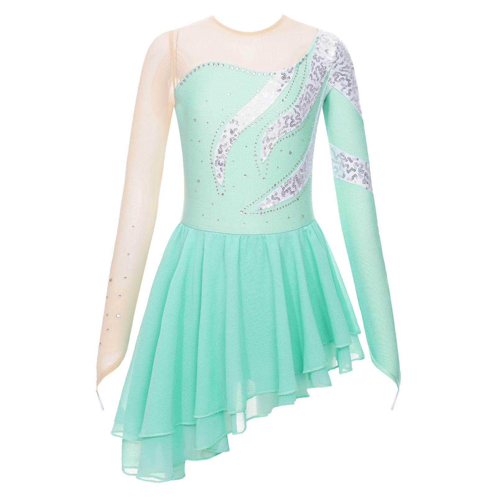 

Girls Sparkling Dance Wear Long Sleeve Round Neck Sequins Decorated Patchwork Hollow Back Dress 5-6 Years