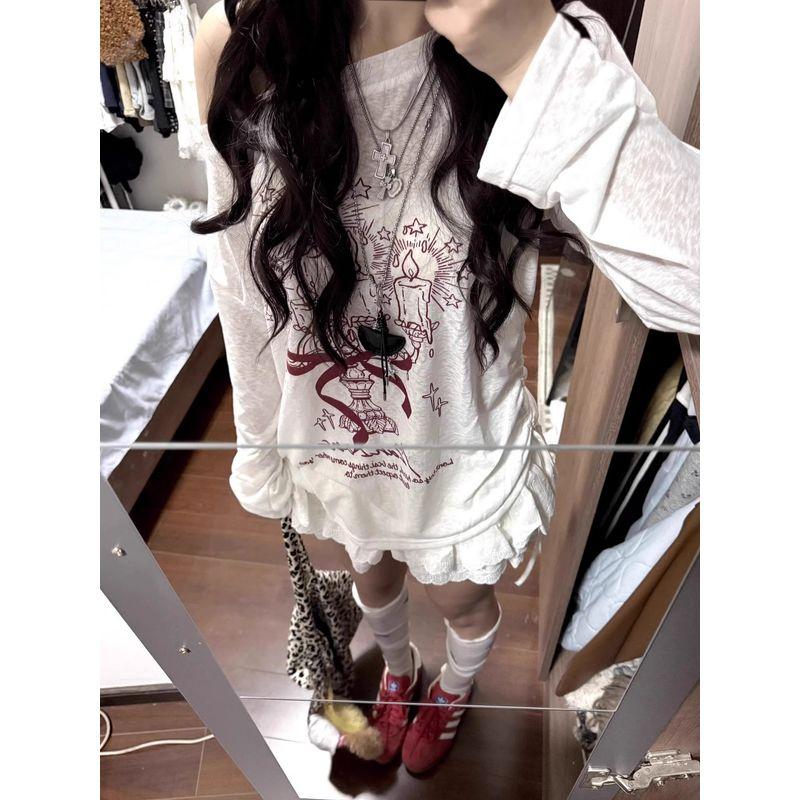 

Korean Series White Oblique off-Shoulder Sun Protection Cover up T-shirt Women Summer 2025 New Loose Drawstring Slightly Transparent Long sleeve Top White Quality Edition S
