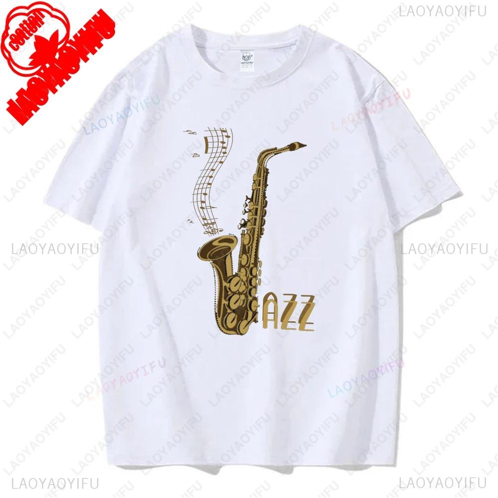 Cute Cat Plays Jazz Saxophone Graphic T Shirts Woman Man Vintage Fashion Casual Streetwear High Quality Cotton Tee Shirt Funny