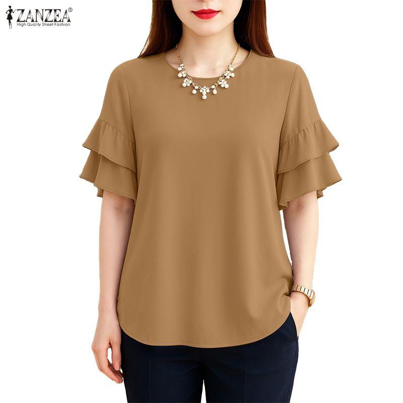 ZANZEA Women Casual Round Neck Ruffles Short Sleeve Loose Solid Blouse