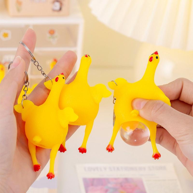 Funny 2Pcs Mini Chicken Keychain Squeezable Tpu Egg-Laying Duck Toy Creative Novelty Key Ring Humorous Gag Gift Yellow