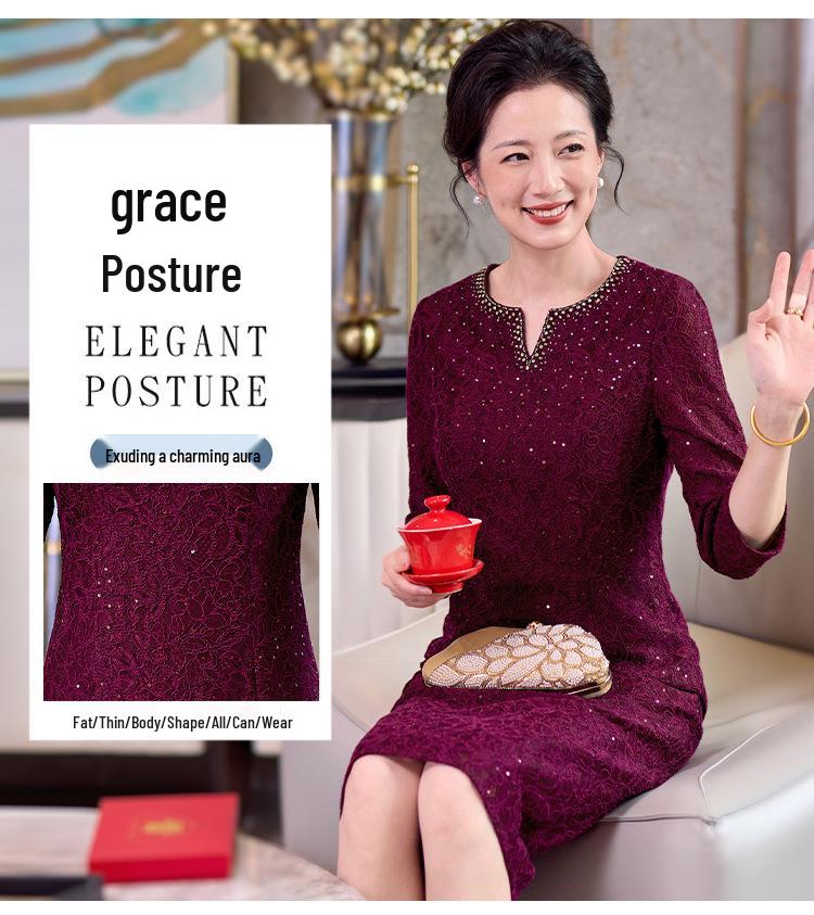 Plus Size Mother-in-Law Beaded Lace Embroidery Evening Dress for Spring/Autumn Wedding or Banquet